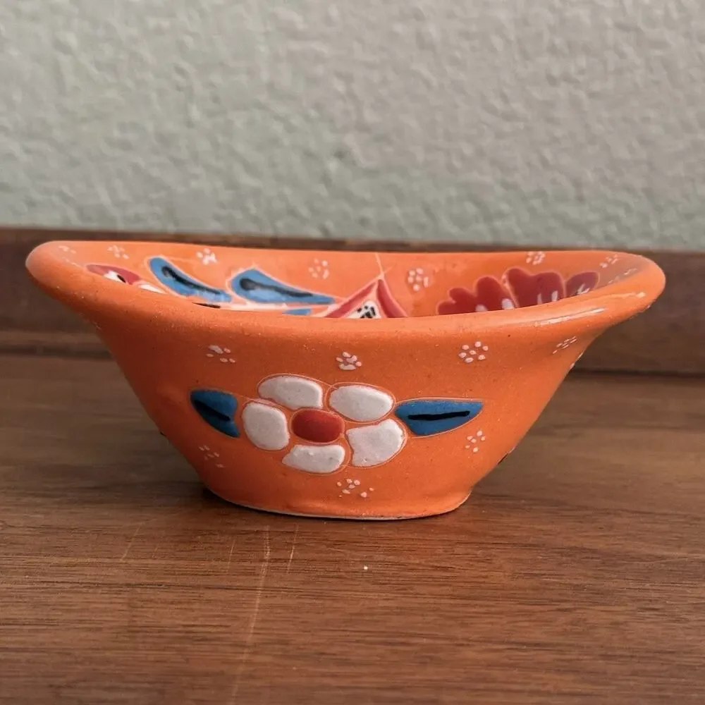 Hand Painted Orange Multicolor Floral Oval Ceramic Bowl, 2 in Tall